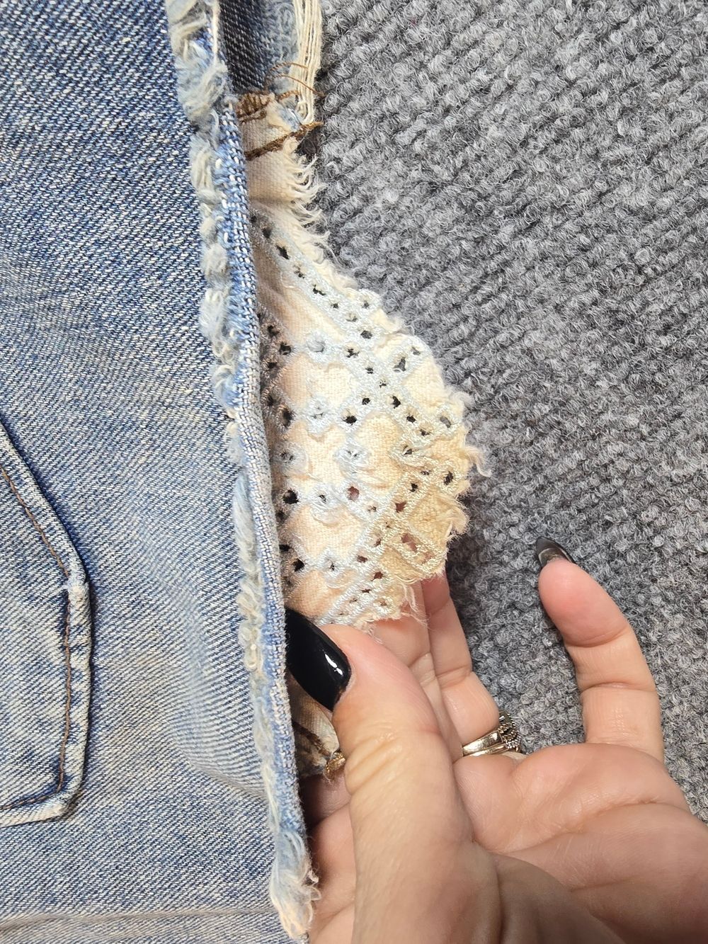 Free People Denim Mini Skirt Womens 6 Blue Lace Inset Boho Festival - Picture 7 of 8